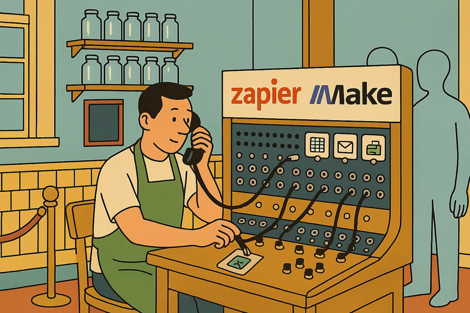 Zapier and Make: Every field is a wire you can patch anywhere.