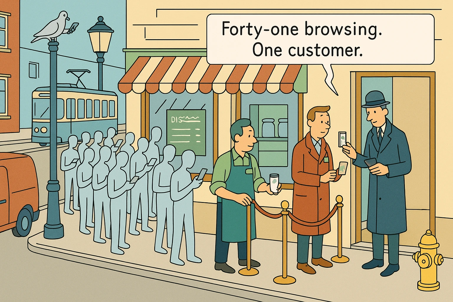 Cartoon of a shopkeeper behind a dispensary counter reaching toward a crowd of blank grey silhouettes, where roughly one in ten has a hand raised, a drawn face, and a small green name badge.