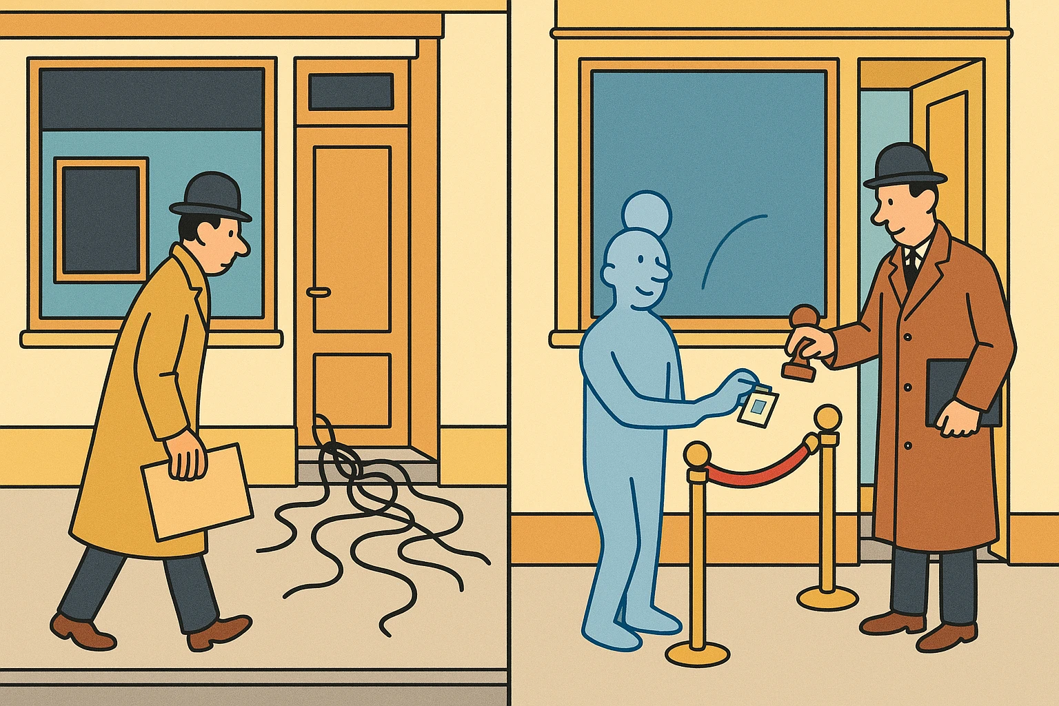 Cartoon contrasting a storefront leaking tracking cables into the street as a process server arrives, with a storefront where a visitor lifts a velvet rope to enter.