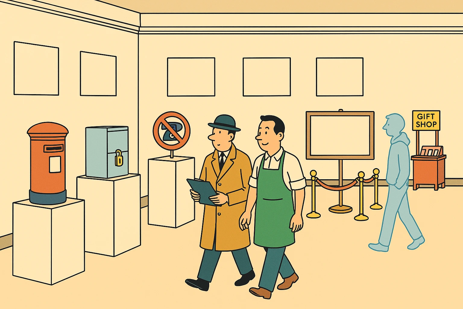 Cartoon of the auditor guiding a shopkeeper and a brand founder through four museum exhibits about email, privacy law, texting, and advertising rules.