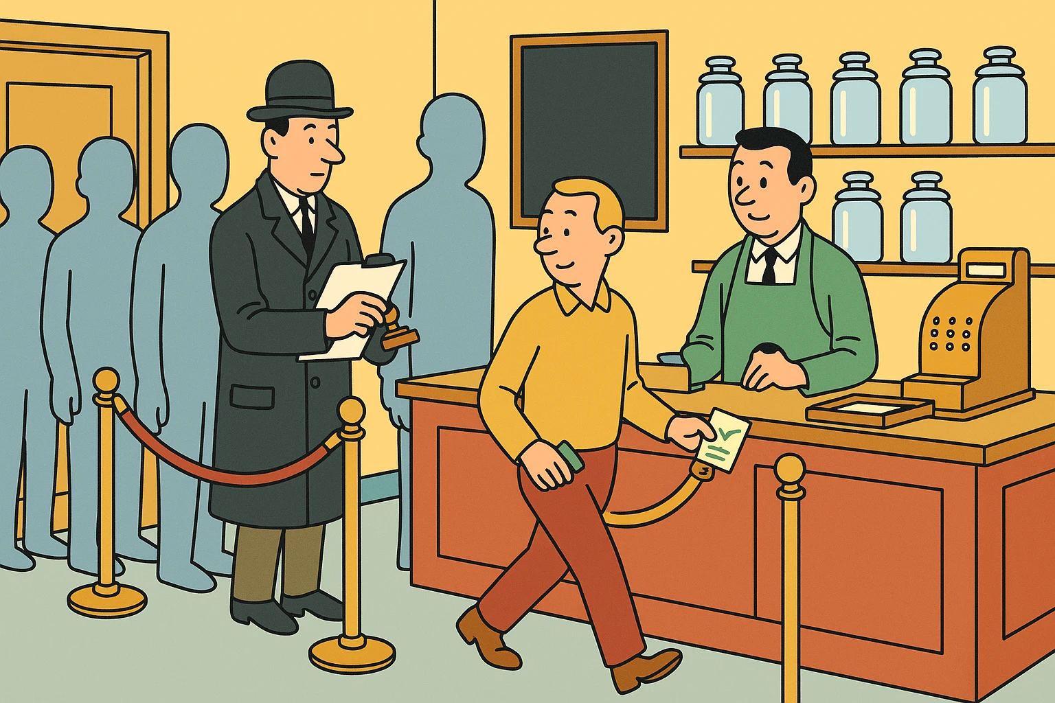 Cartoon of a calm auditor at a velvet rope inside a dispensary stamping an index card for a visitor stepping through, while faint anonymous silhouettes wait behind and a tray of stamped cards sits on the counter.