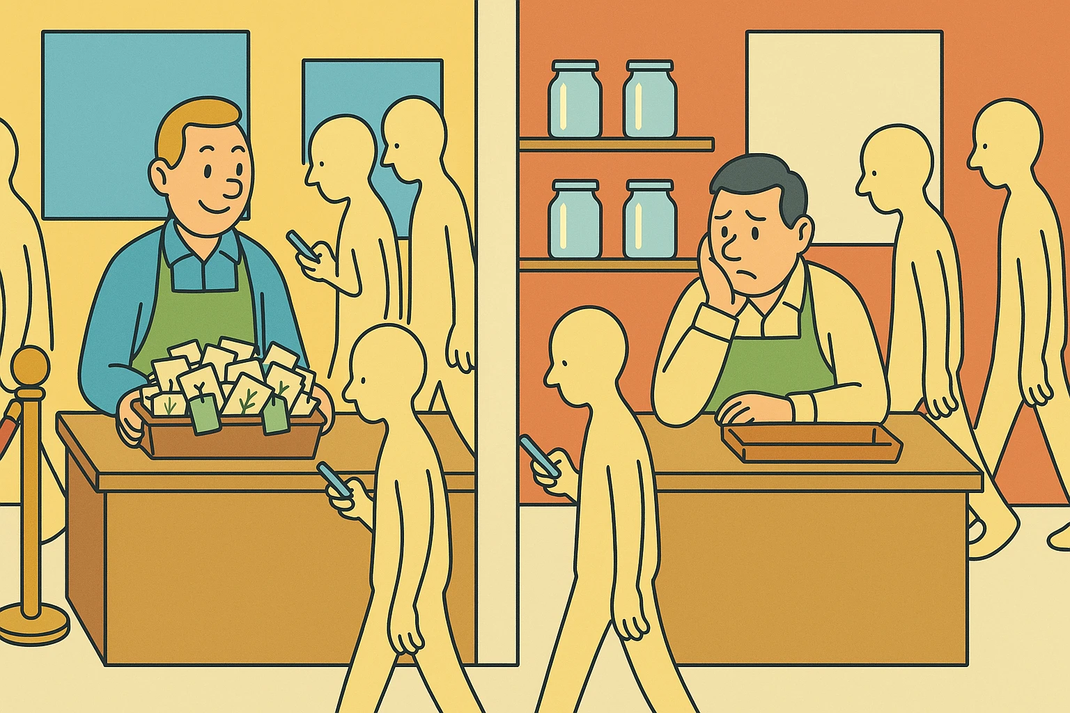 Cartoon of two dispensary counters split by a wall, the same grey silhouettes of visitors walking past both; on the left a cheerful shopkeeper's tray fills with stamped cards, on the right a worried one stares at an empty tray.
