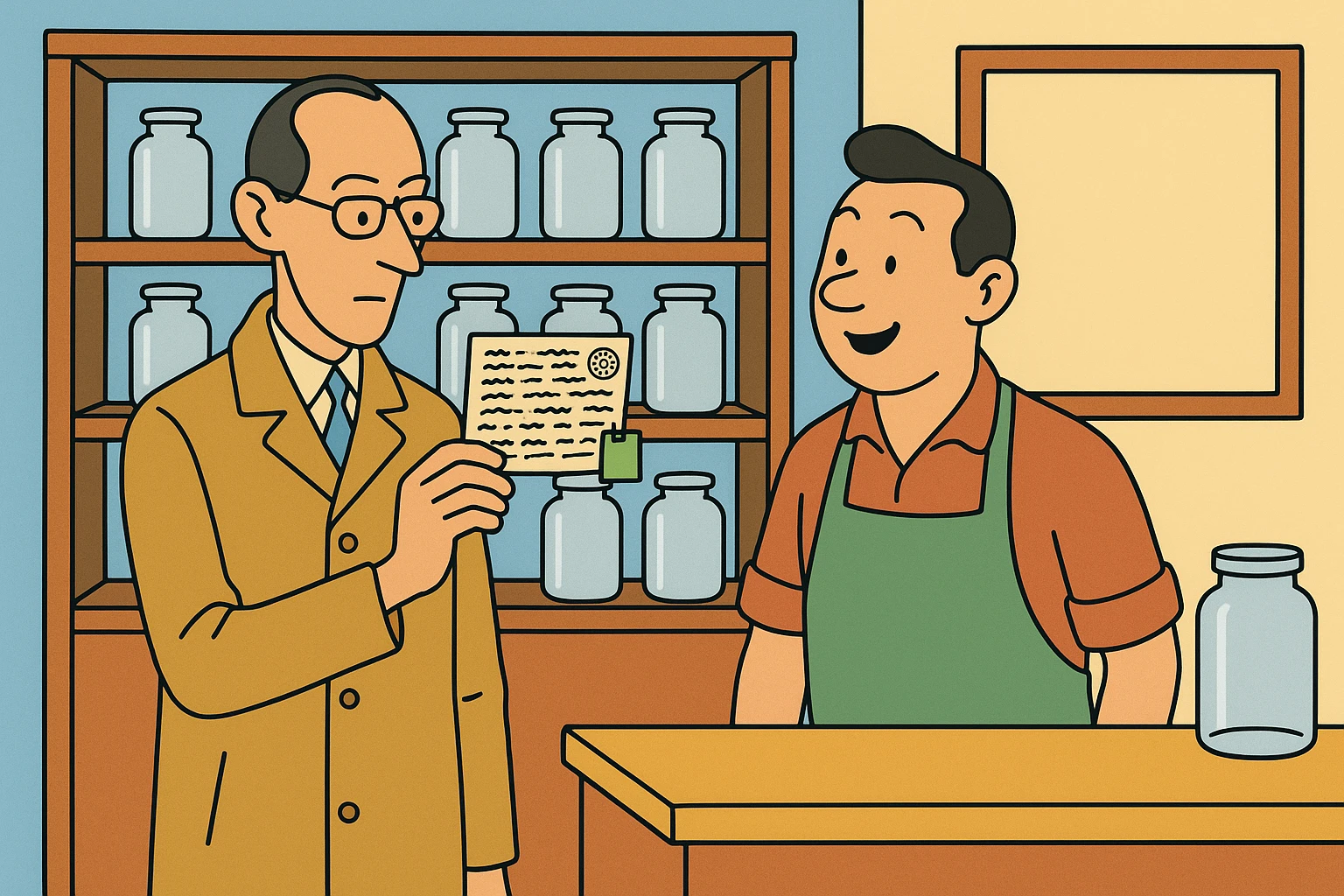 Cartoon of the auditor holding up one index card with every ruled line filled in and a round stamp in the corner, while the shopkeeper leans in to read it.