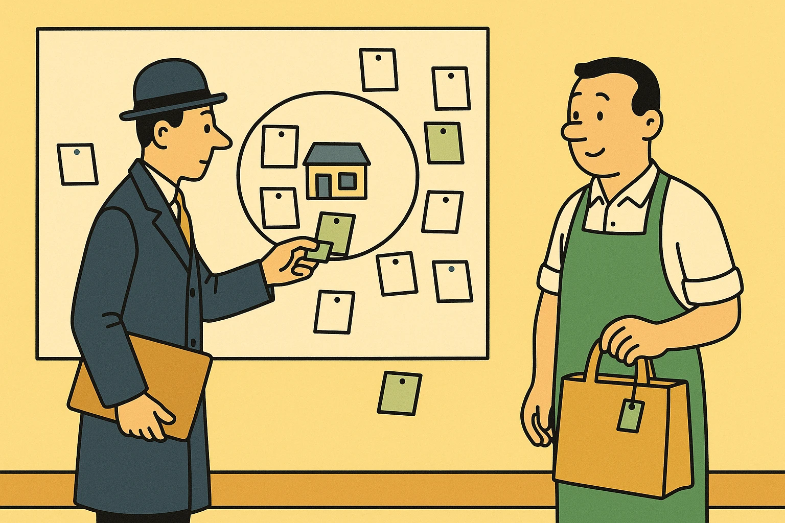 Cartoon of the auditor pinning an index card inside a hand-drawn circle around a small shop on a wall map, other cards pinned inside and outside the circle.