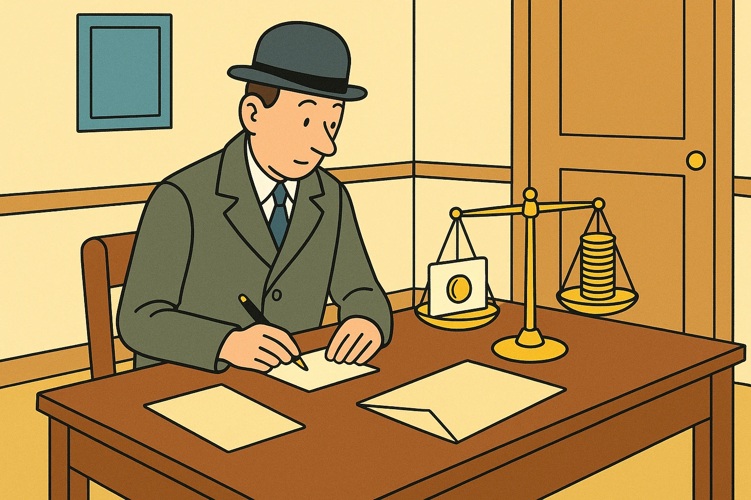 Cartoon of the auditor at a desk weighing two index cards on a balance scale, one with a single coin and one with a tall stack, writing on a small envelope while a larger envelope waits.