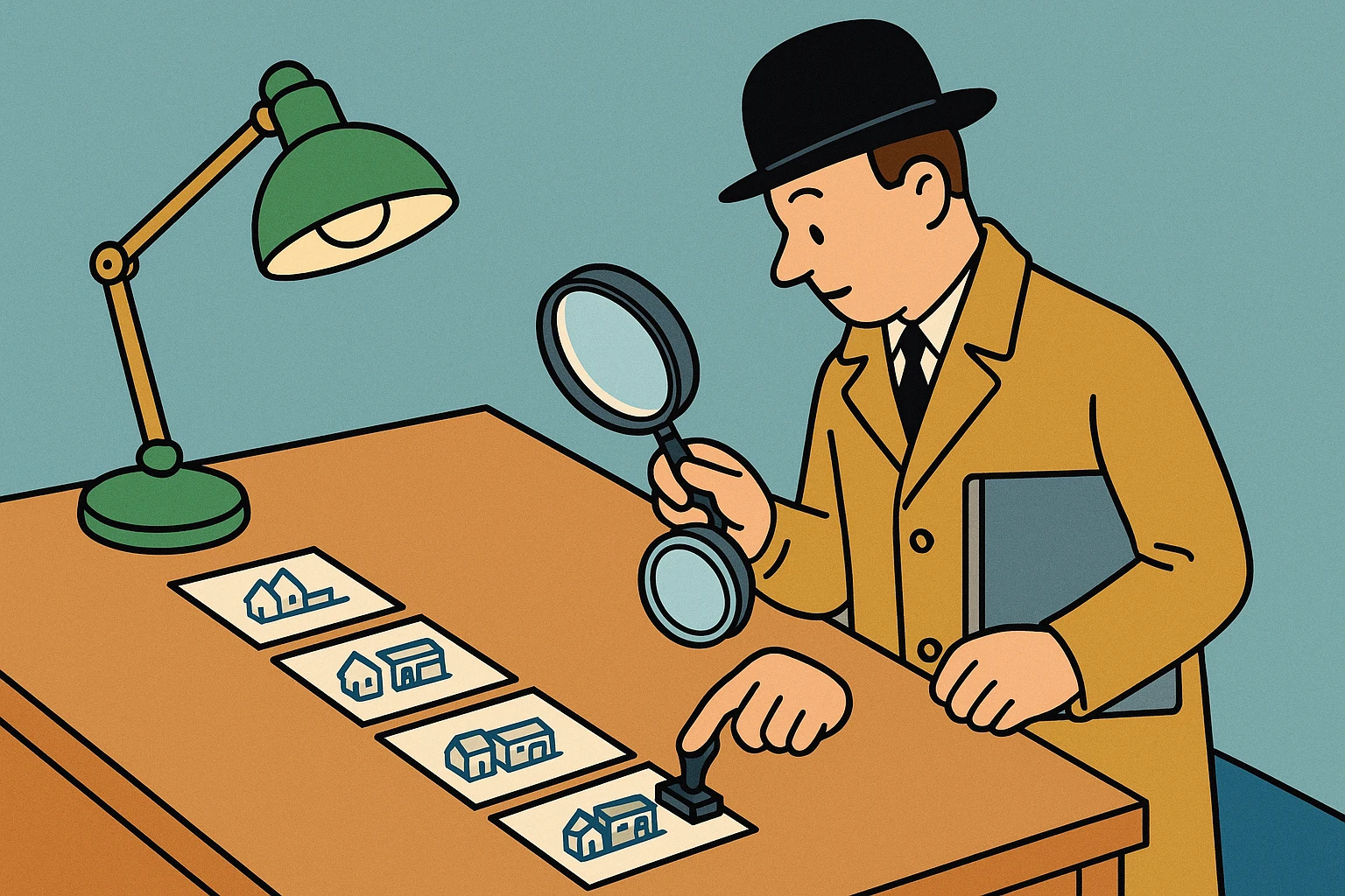 Cartoon of the auditor with a magnifying glass over a row of index cards under a desk lamp; each card has a tiny house drawn far from a shop icon except the last, whose house sits right beside it.