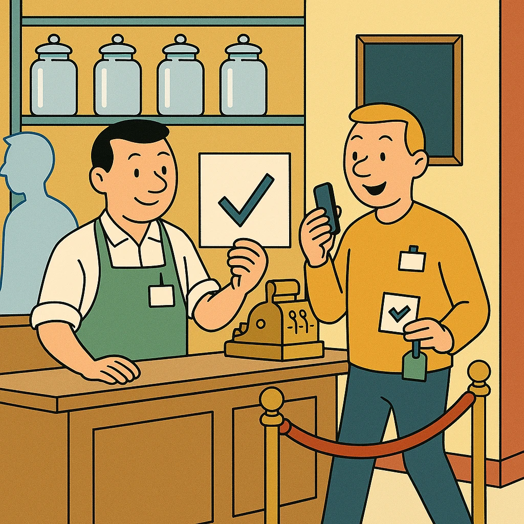 Cartoon of the shopkeeper holding up a placard with a large check mark while the visitor, now fully drawn and smiling with a name badge, steps through the rope with a stamped card.