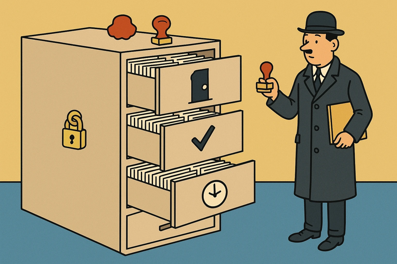 Infographic-style cartoon of an organized filing wall with four drawers, each showing its cards: a doorway, a check mark, a stack of pages, and a clock; a padlock and a wax seal on the cabinet.