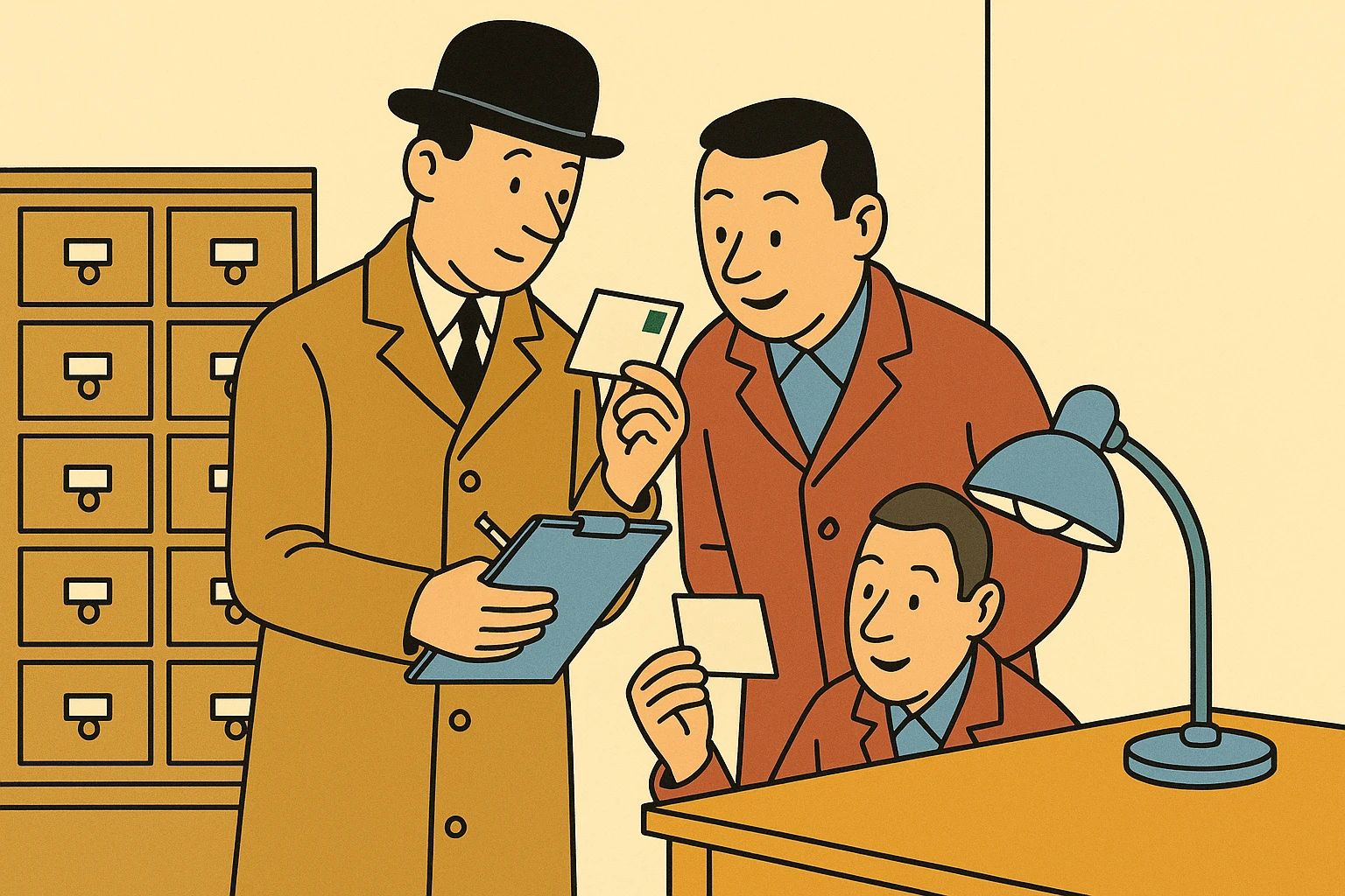 Cartoon of the auditor holding one stamped, filled-in index card up to a desk lamp while a regulator with a clipboard leans in, reassured.