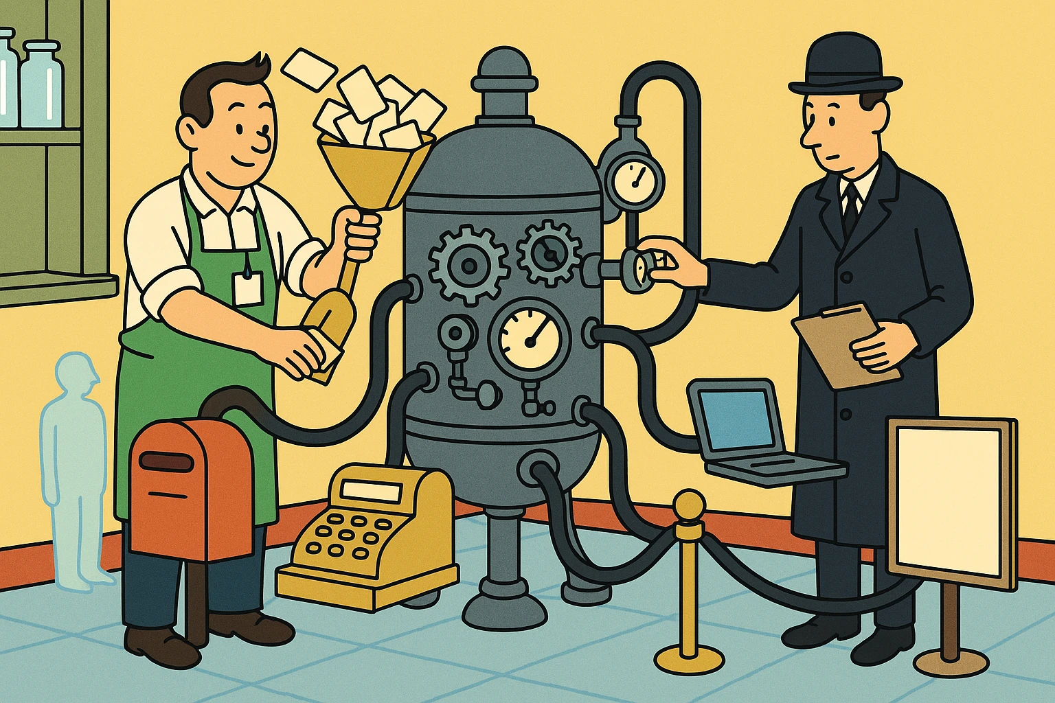 Cartoon of the shopkeeper shoveling stamped index cards into the hopper of a big boiler-shaped machine of gears and gauges while the auditor watches; hoses run out of it to a mailbox, a register, a laptop and a billboard.