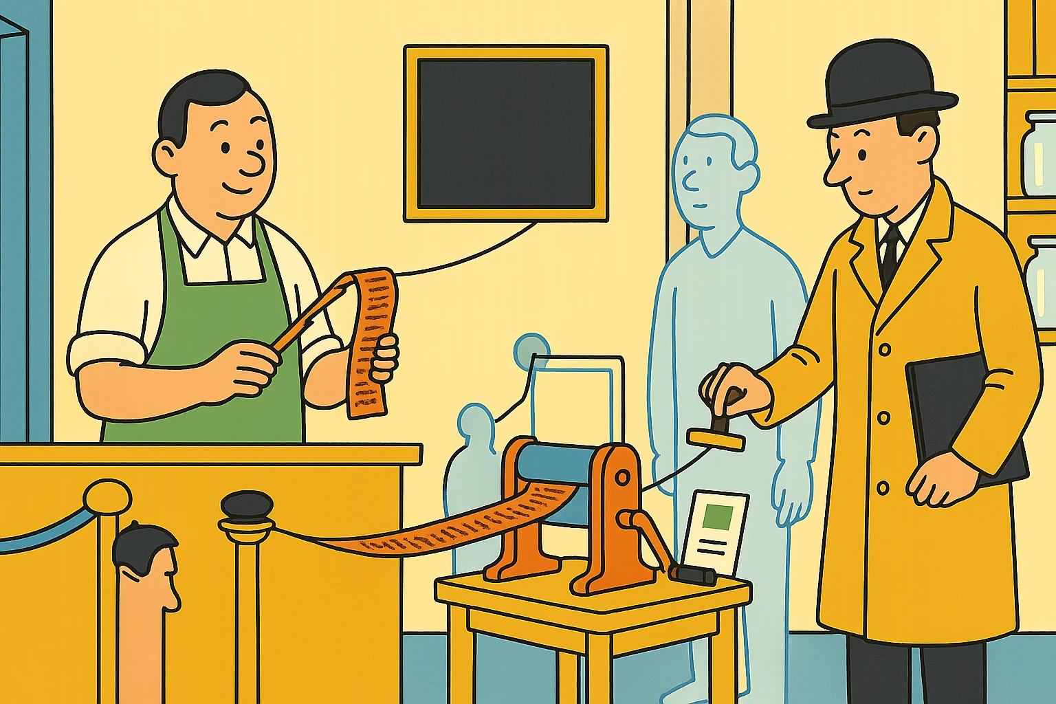 Cartoon of the auditor cranking a small hashing machine that turns stamped cards into strips of scrambled squiggle riding a cable toward a screen, while one strip is pulled back off the cable.