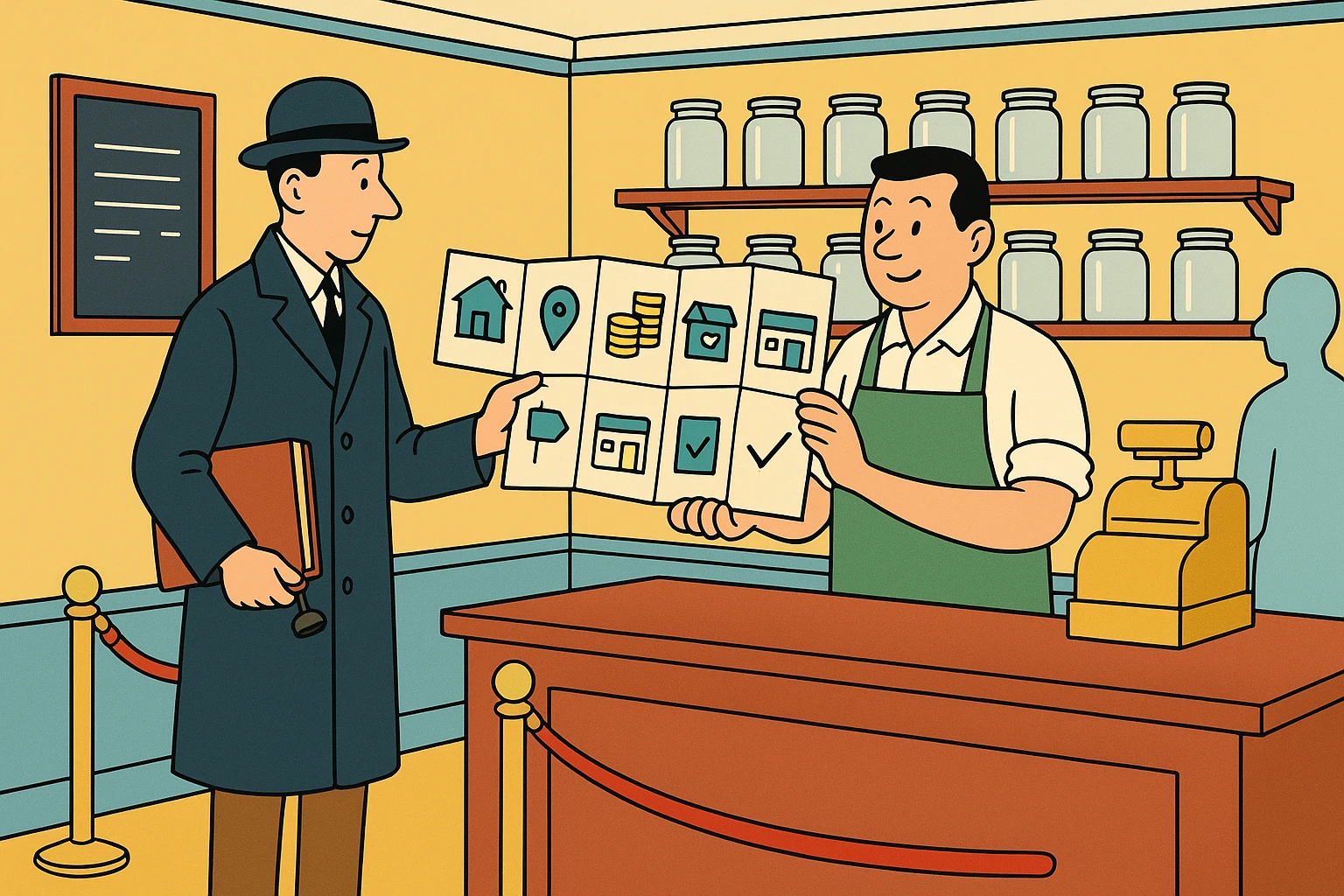 Cartoon of the auditor handing the shopkeeper an index card that unfolds like an accordion into seven panels showing a house, a map pin, a coin stack, a mailbox, a shopfront, a calendar, and a check mark.