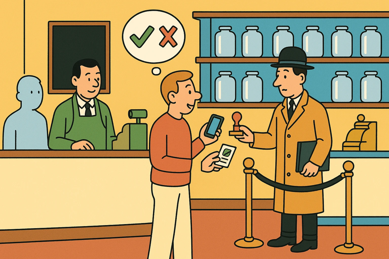 Cartoon of the auditor asking a visitor at a clipped velvet rope inside a dispensary, the visitor pausing with a thought bubble holding a check mark and a cross.