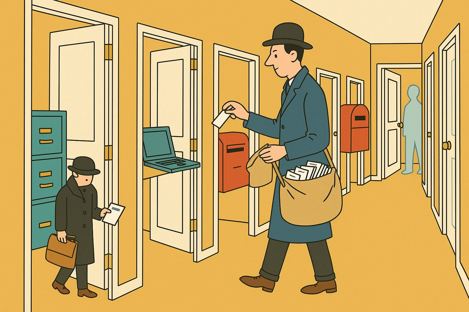 Cartoon of the auditor with a mail sack of stamped cards slotting one into each open door along a corridor: a filing cabinet, a cash register, a laptop, a mailbox, a loyalty punch card.