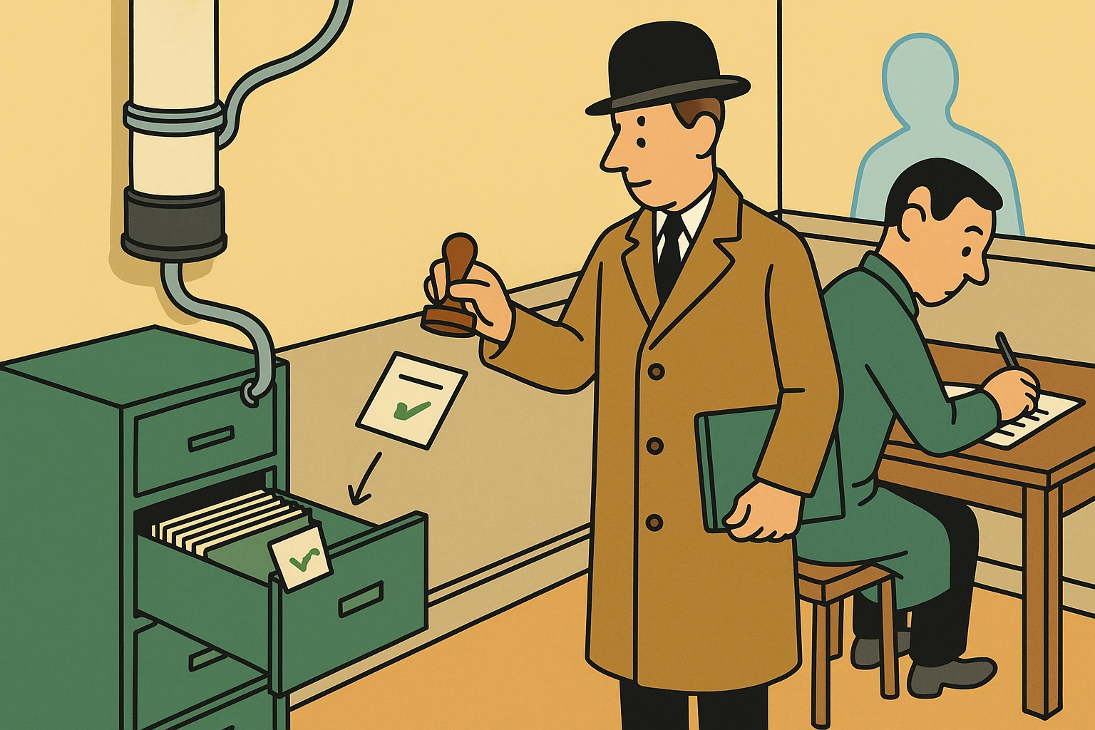 Cartoon of a stamped card arriving by pneumatic tube into a dispensary back office filing drawer as the auditor presses a paper tag onto it and a clerk adds a line to a long list.