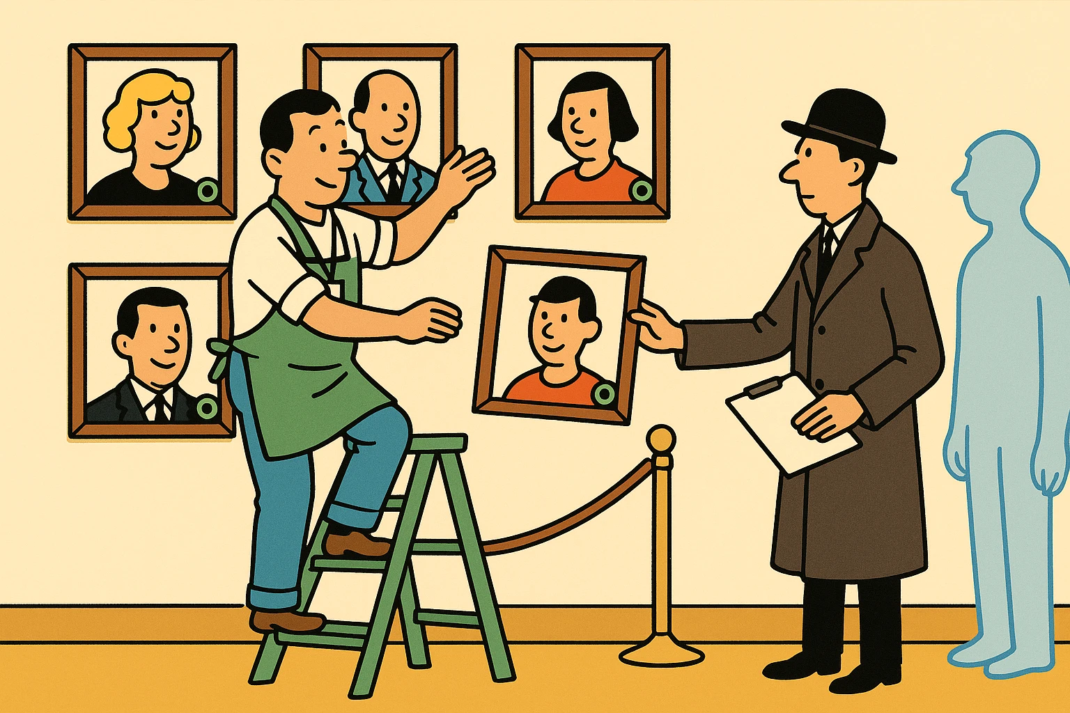 Cartoon of the shopkeeper hanging framed portraits of customers on a gallery wall, each frame stamped, as the auditor hands him the next one.
