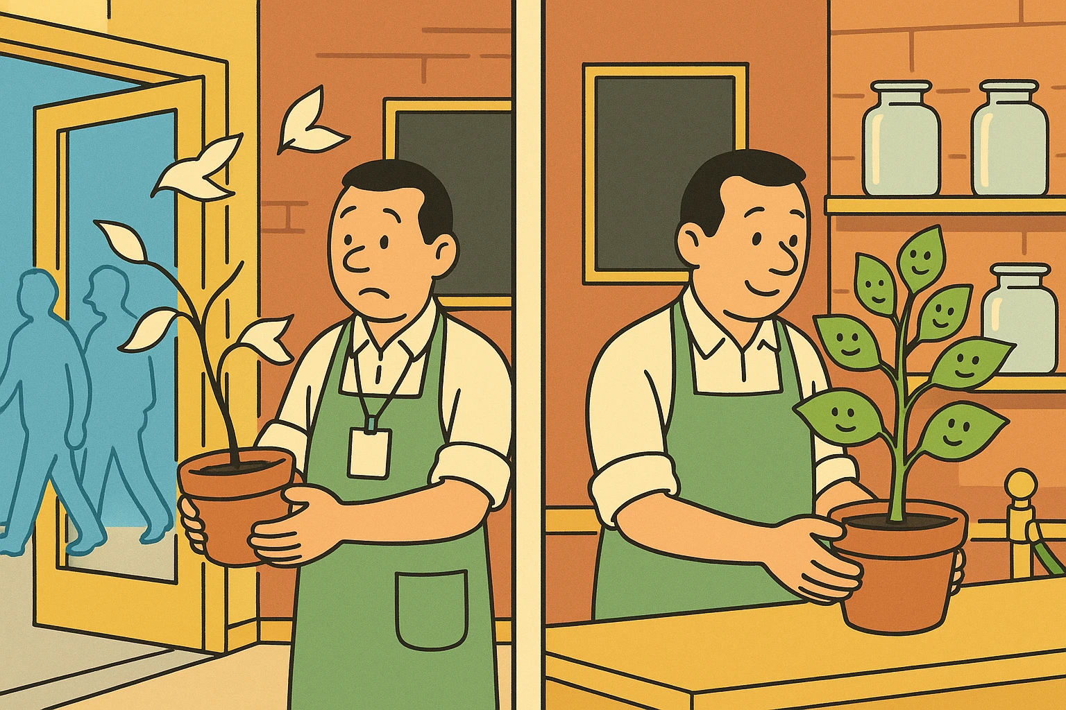 Cartoon of two counters: on the left the shopkeeper holds a wilting potted paper list whose envelope leaves blow away as grey silhouettes drift off; on the right the same shopkeeper tends a rooted, thriving paper list with drawn faces on every leaf.
