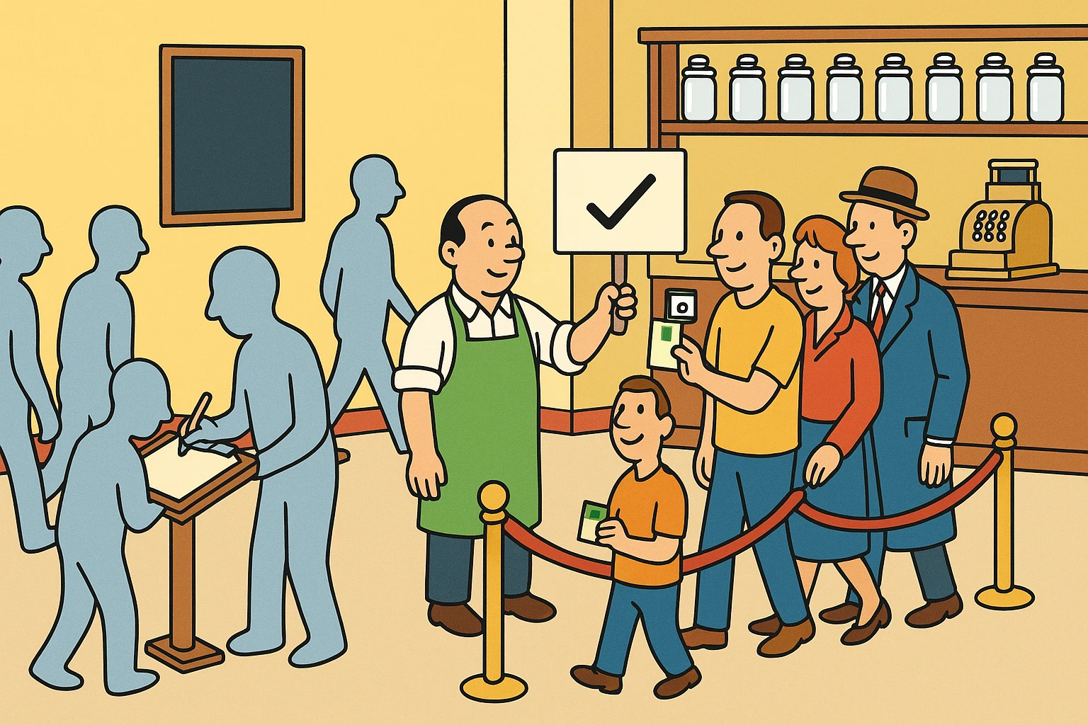 Cartoon of grey silhouettes filing past a loyalty-signup clipboard where only one has stopped to write, while the shopkeeper holds up a signboard with a check mark and a line of drawn people taps it as they pass.