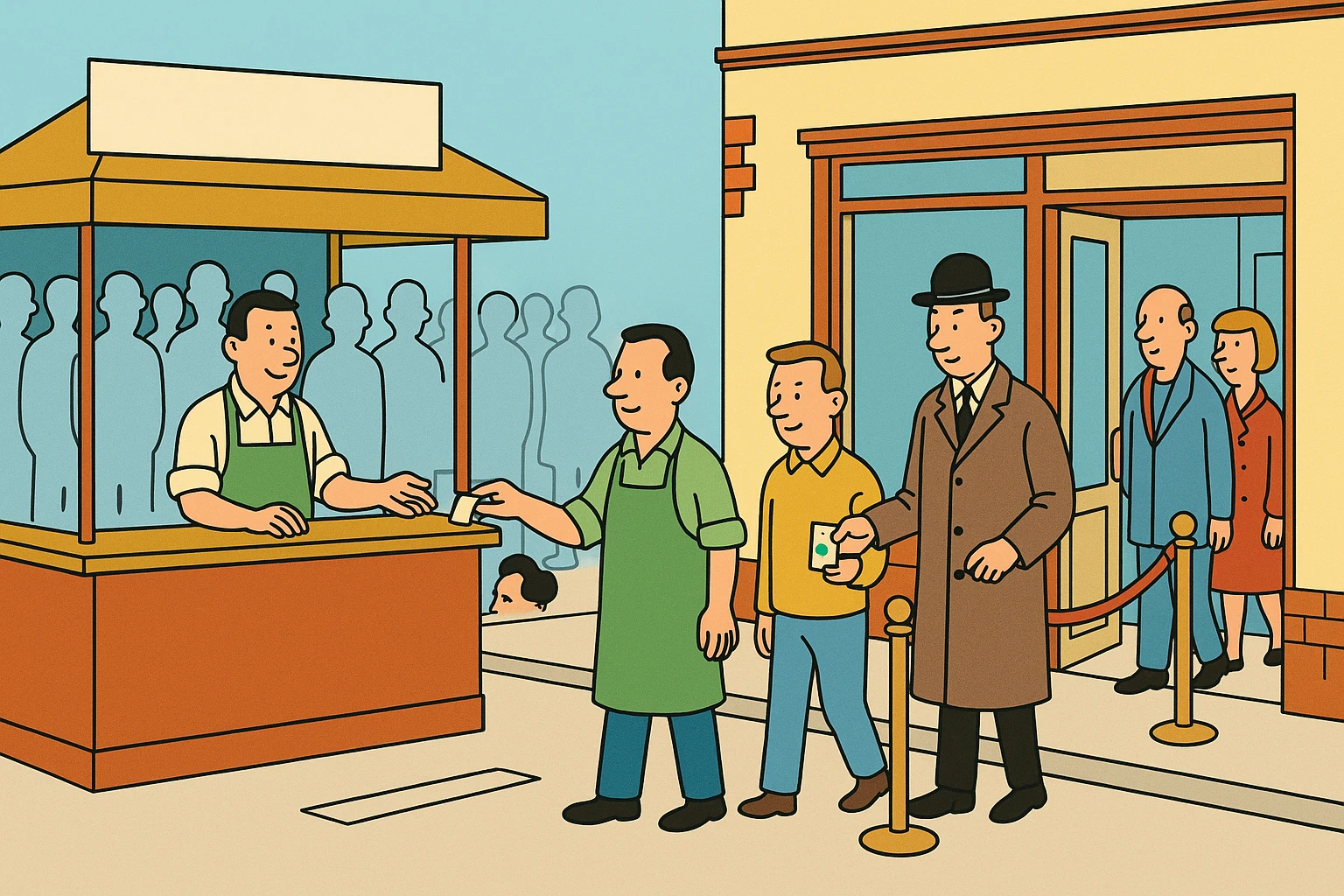 Cartoon of a big marketplace kiosk holding a crowd of grey silhouettes behind its own counter while a few drawn people walk across the street to the shopkeeper's own door with a rope and a stamped card.