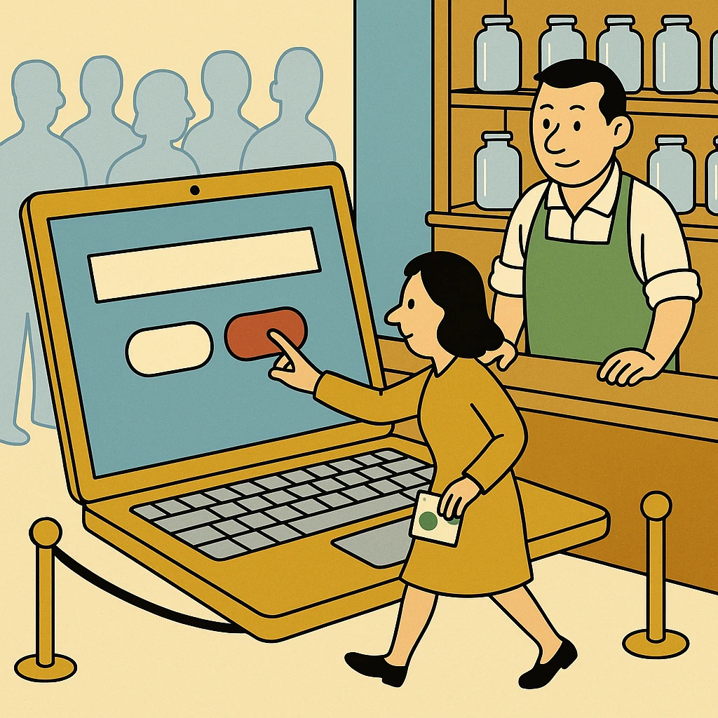 Cartoon of a woman stepping out of a faceless grey crowd to press the yes button on a giant laptop's consent banner while the shopkeeper watches.