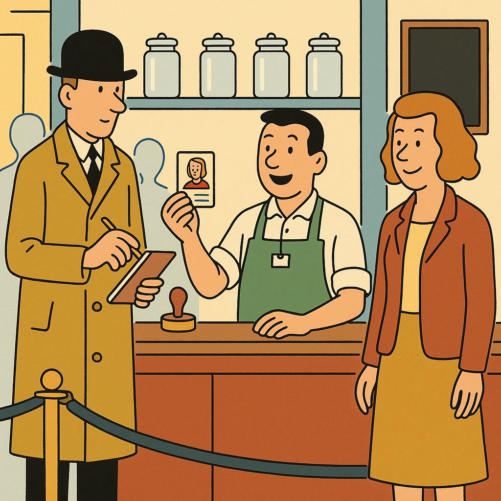 Cartoon of the auditor stamping an index card bearing the woman's portrait while the shopkeeper holds it up, the woman now drawn and smiling beside them.