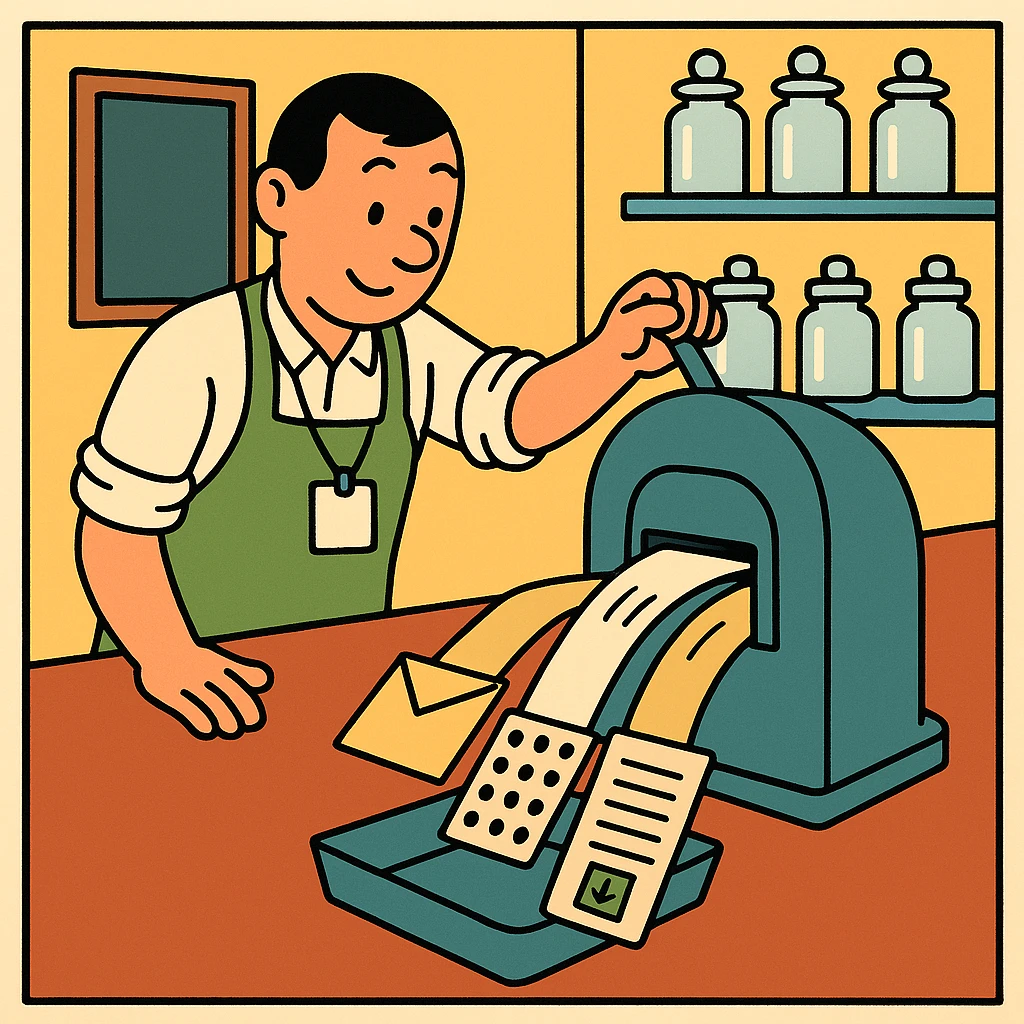 Cartoon of the shopkeeper pulling the lever on a rounded sorting machine that drops the stamped card into a hopper and delivers an envelope, a loyalty punch card, and a filing card.